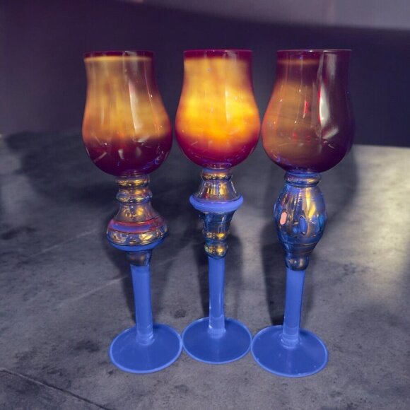 Bombay Company Romanov Ruby Gold Long Stem Cordial Glasses Cadmium UV Glow Set 3 - Picture 1 of 16